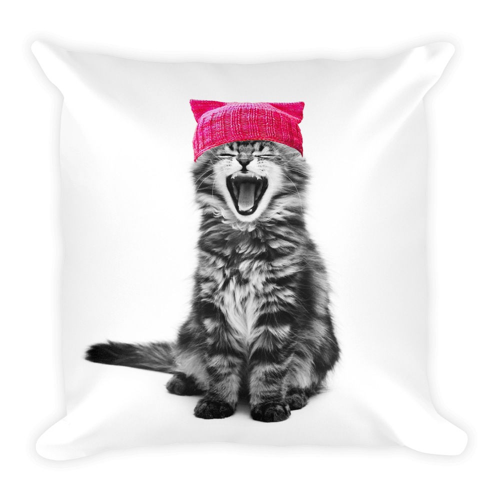 Cat in a Pink Hat Square Pillow